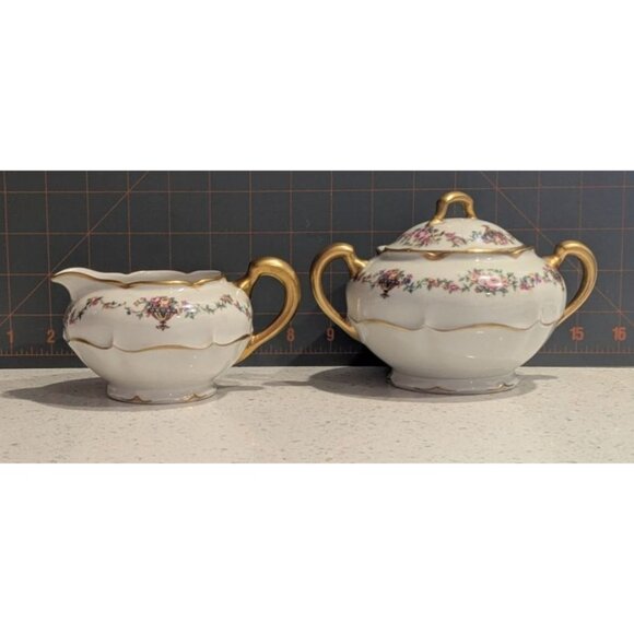 Haviland & Co Limoges Cream Sugar Bowl Gold Handles Bouquet Urn - Picture 2 of 16